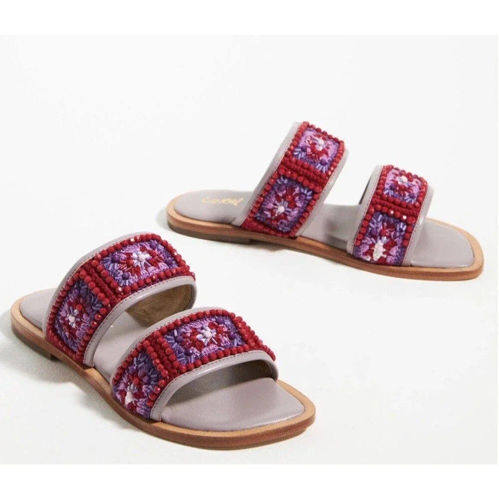 Anthropologie Coral Blue Purple Red Granny Square Flats Embroidery Bead Sandal 9